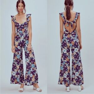 For Love & Lemons Navy Floral Open-Back Jumpsuit